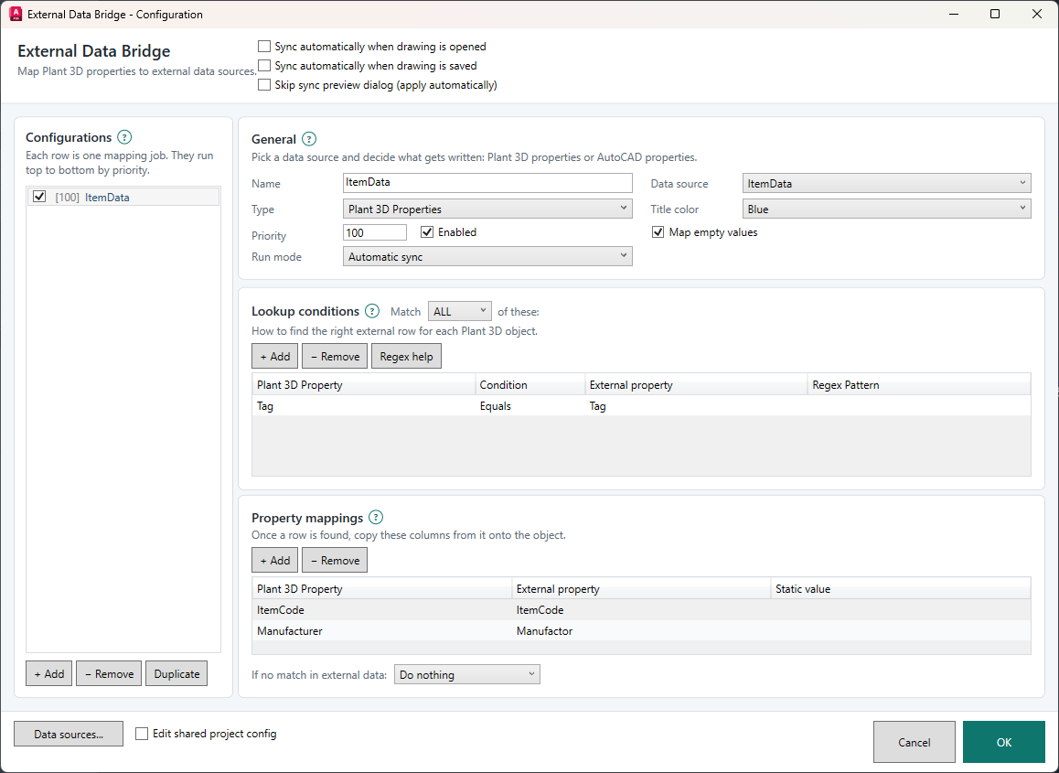 External Data Bridge configuration with automatic sync, a Tag equals Tag lookup condition, and ItemCode and Manufacturer property mappings.