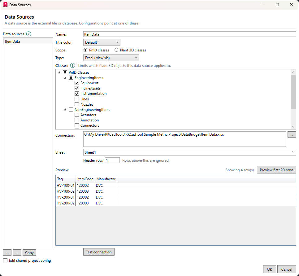Data Sources window configured with an Excel workbook, PnID classes, Sheet1, header row 1, and a preview of the source columns Tag, ItemCode, and Manufacturer.