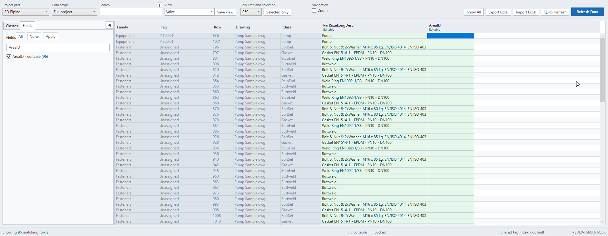 Data Manager Fields tab with AreaID selected as an editable field and shown as a new grid column.