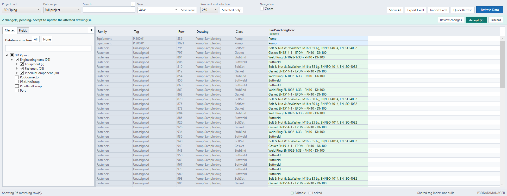 Data Manager showing 3D Piping full-project rows, the selected class tree, a Valve view, and two pending changes.