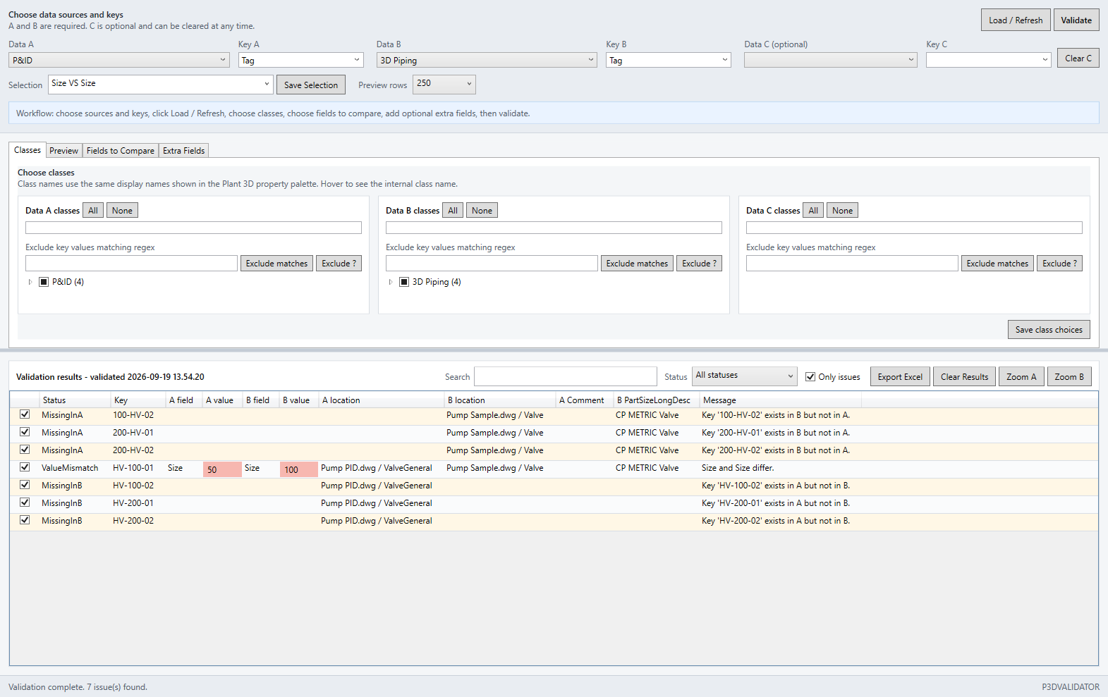 Data Validator Classes tab showing separate class trees and regex exclusion fields for Data A, Data B, and optional Data C.