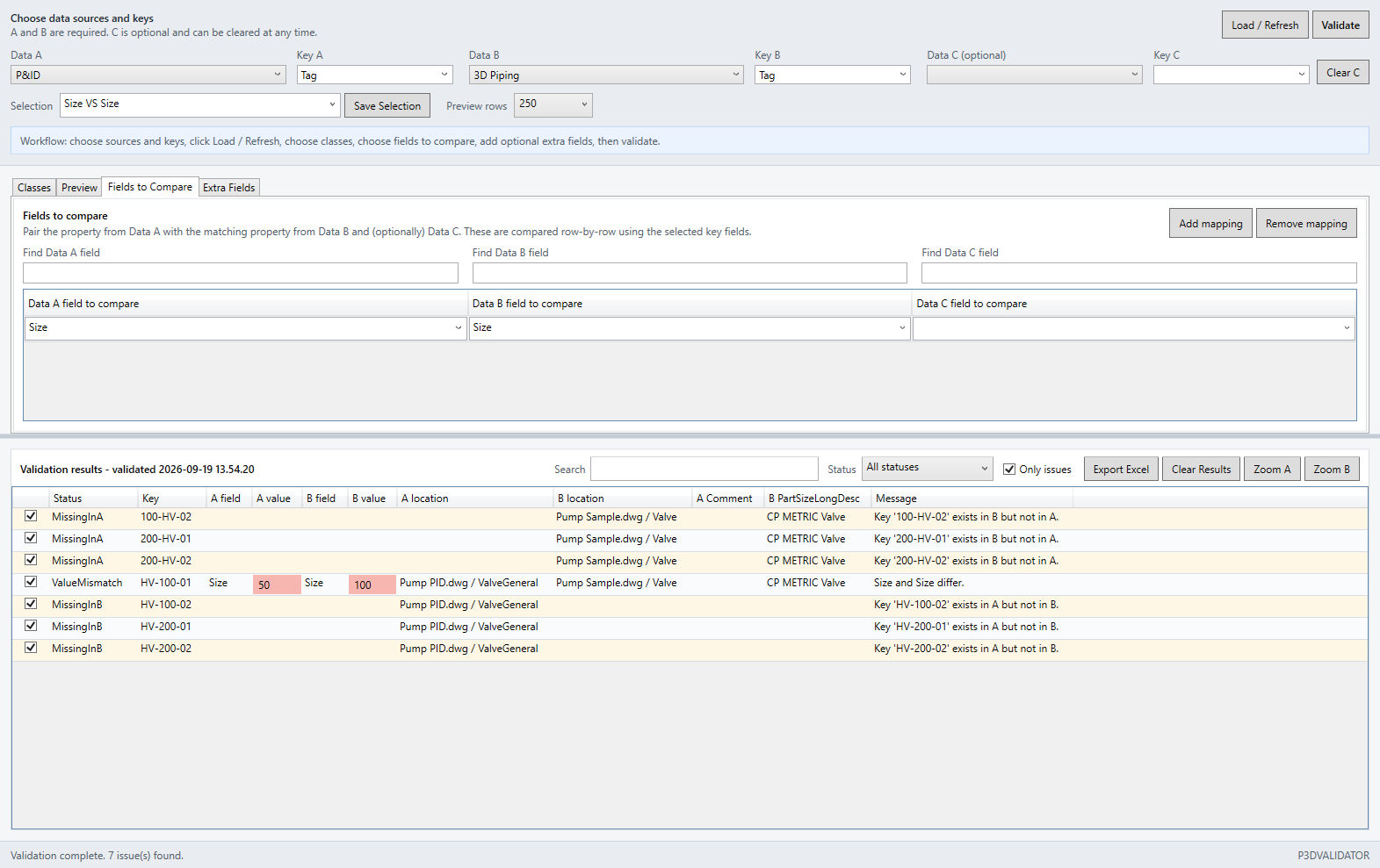 Data Validator Fields to Compare tab with Size selected as both the Data A and Data B fields.