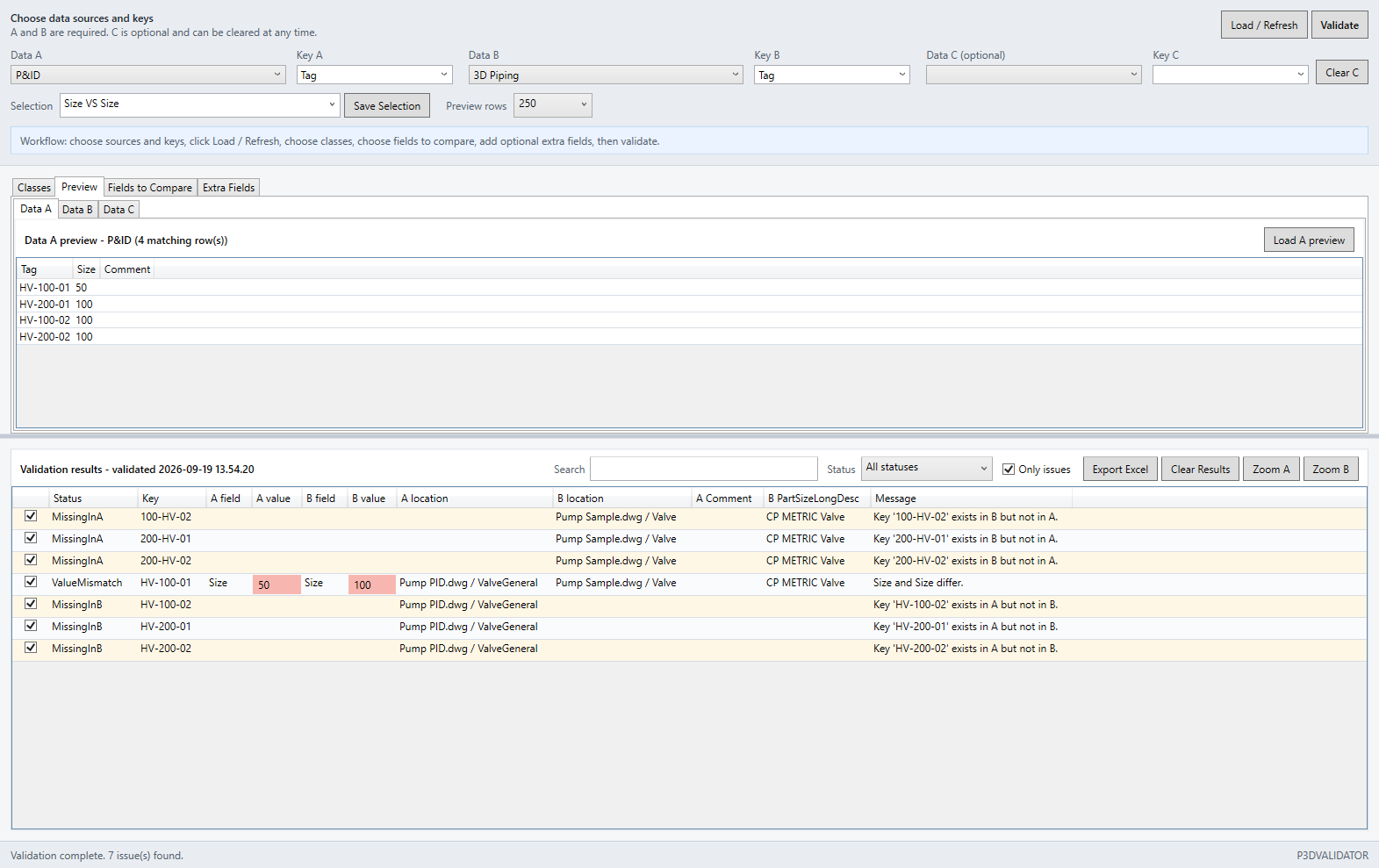Data Validator Preview tab showing Data A P and ID rows with Tag, Size, and Comment columns.