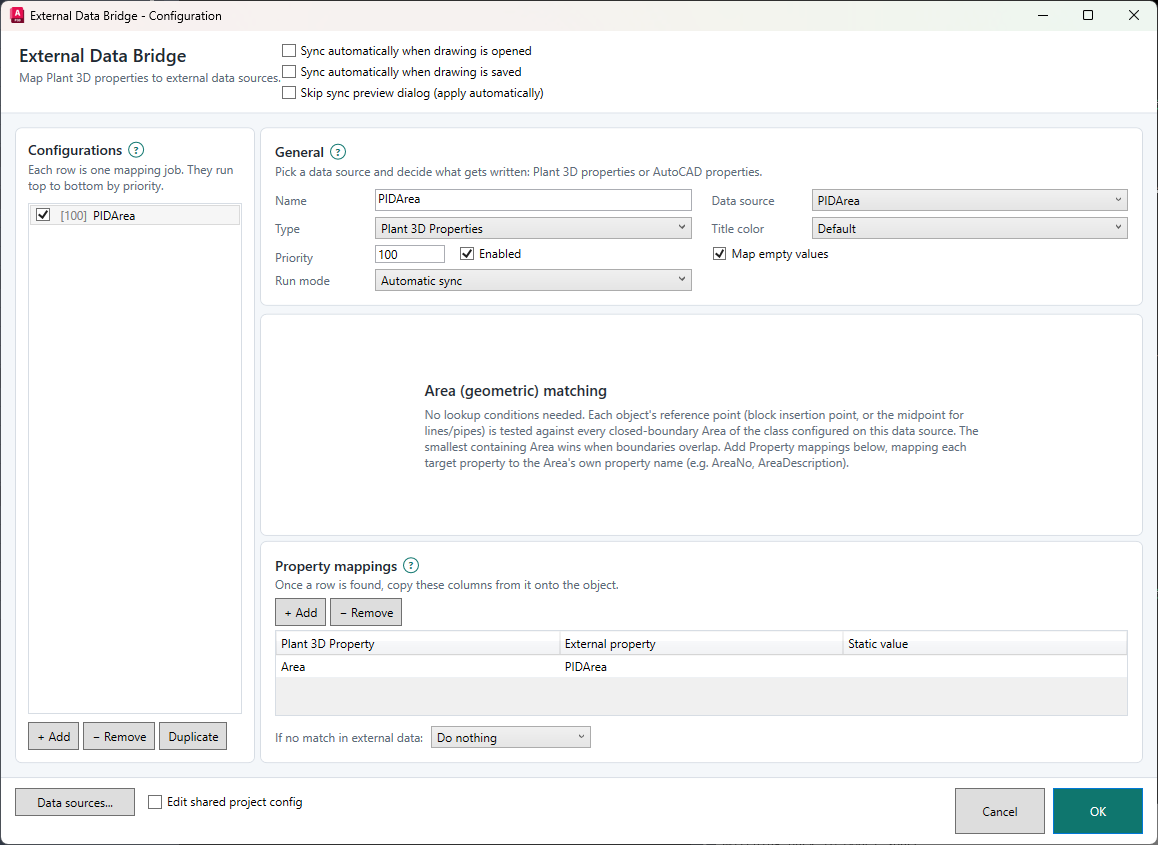 External Data Bridge configuration using the PIDArea data source, automatic sync, Area geometric matching, and an Area property mapping.