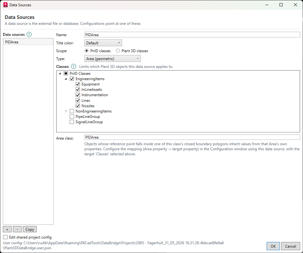 Data Sources window configured with PnID classes, Area (geometric), target classes, and PidArea as the Area class.