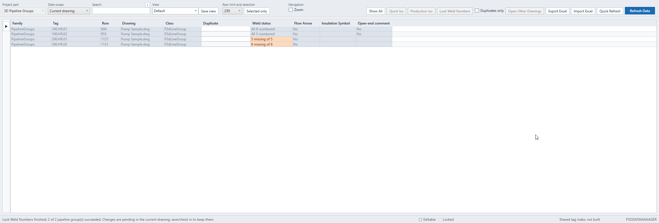 Pipeline Manager loaded with four 3D pipeline groups, weld status, Quick Iso, Production Iso, and Lock Weld Numbers actions.