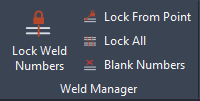 RKCadTools Weld Manager ribbon panel showing Lock Weld Numbers, Renumber From Point, Lock All, and Blank Numbers.
