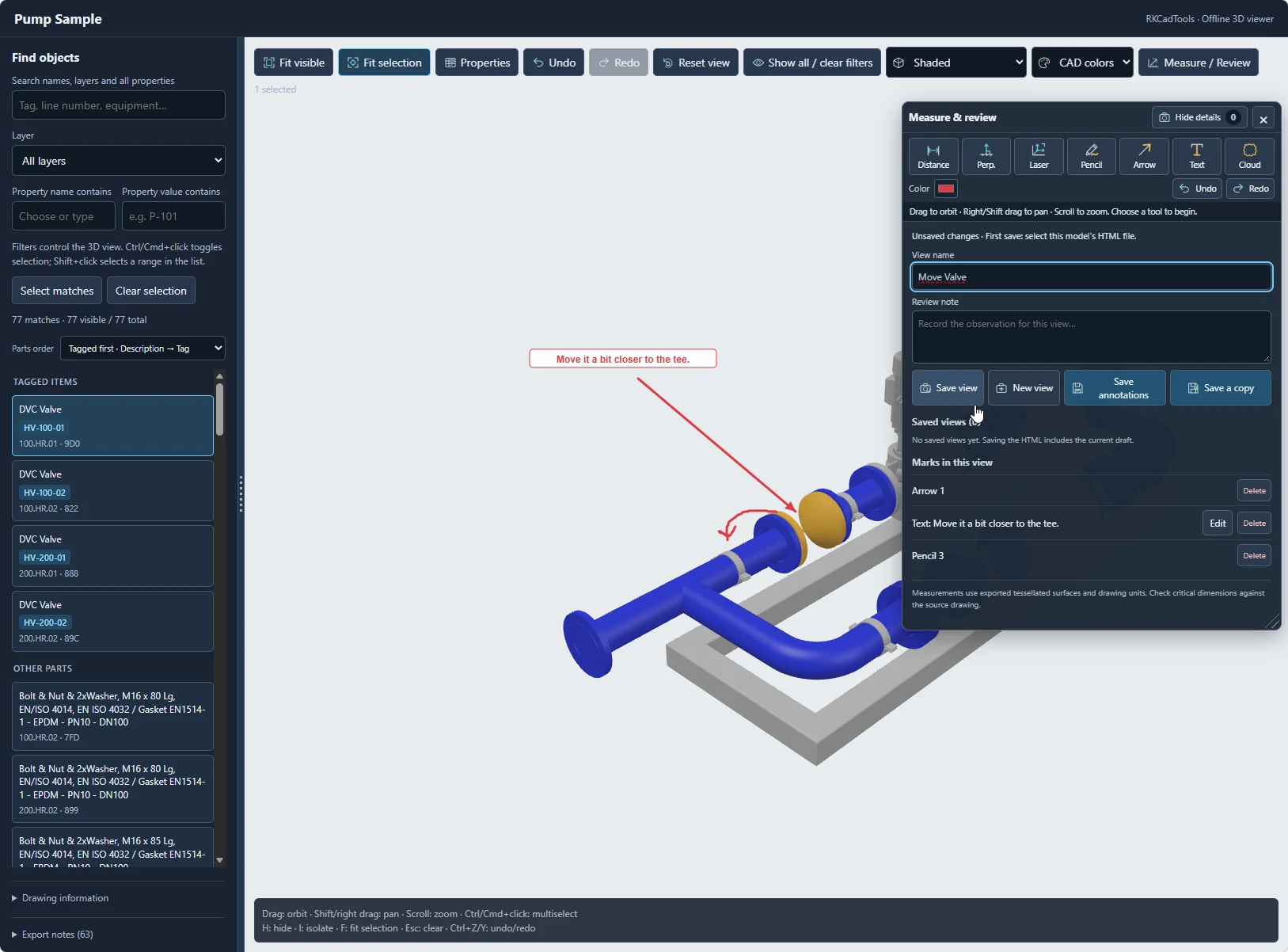 3D HTML review panel with a named pump view, an arrow and a text annotation.
