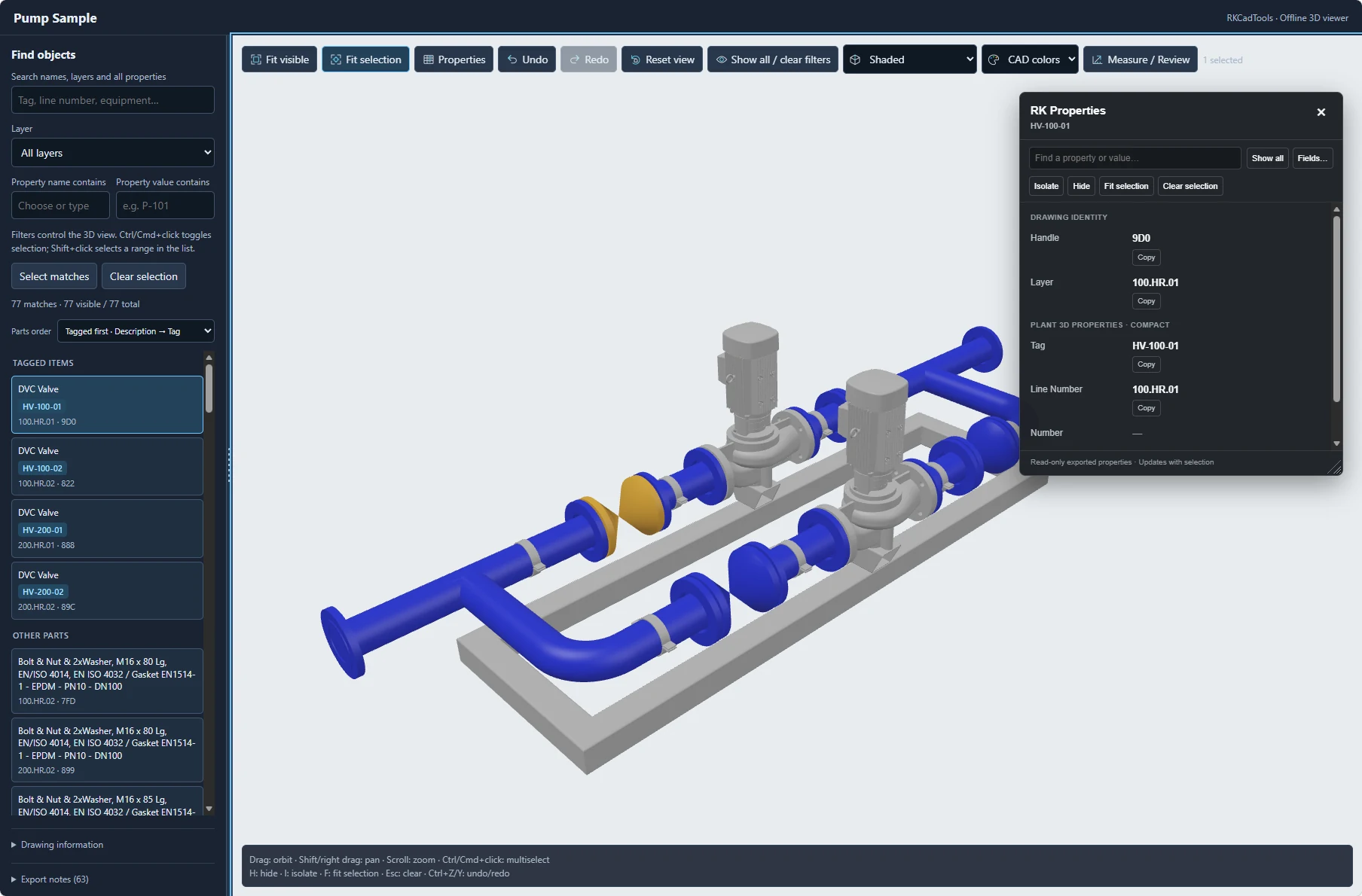 RKCadTools offline Plant 3D HTML viewer showing a pump model, component search and selected Plant properties.