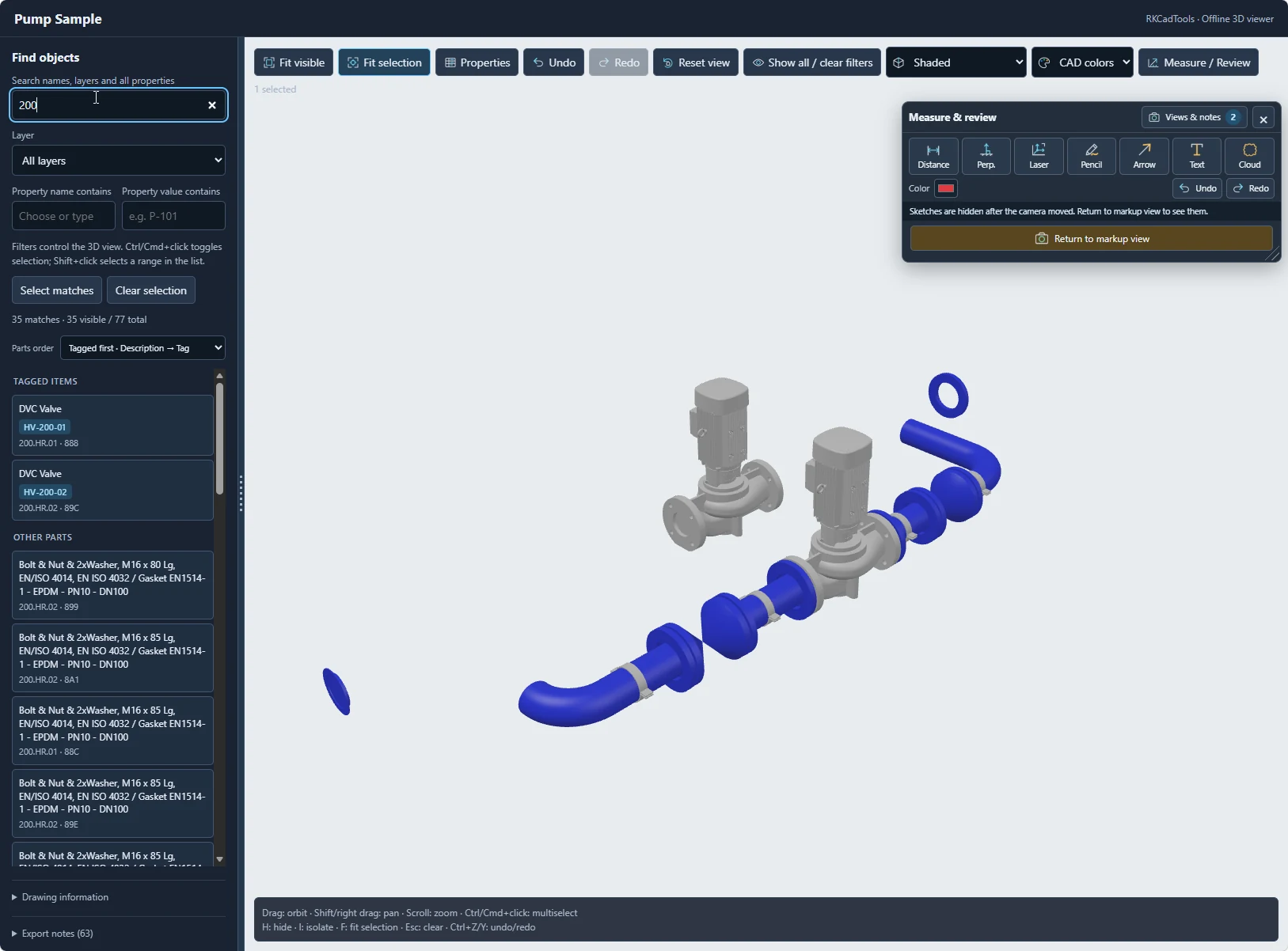 Filtered Plant 3D HTML pump model with unwanted components hidden.