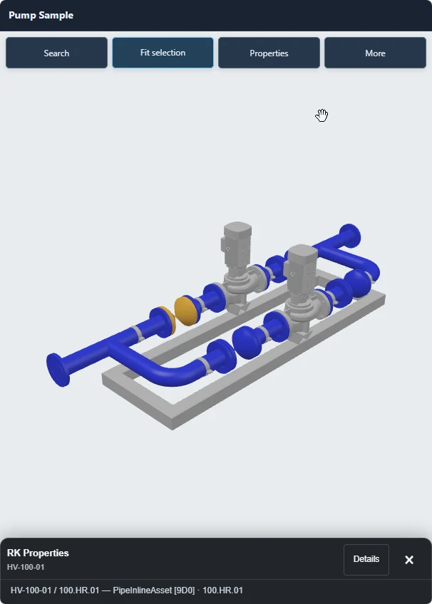 Portrait phone view of the same exported Plant 3D pump model and compact properties sheet.