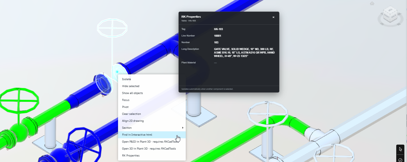 ACC component right-click menu showing the interactive HTML command and both licensed Plant 3D navigation commands.