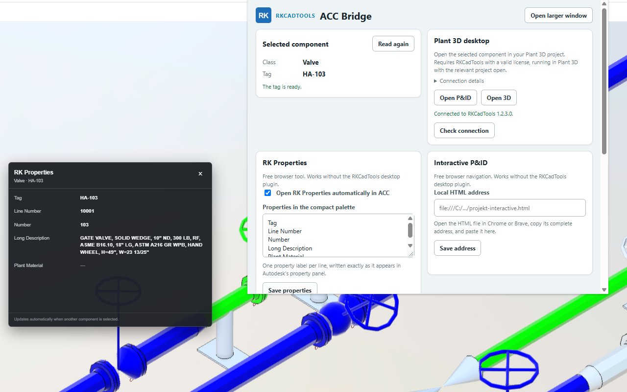 ACC Bridge popup showing RK Properties settings, the local HTML address field and the Plant 3D connection status.