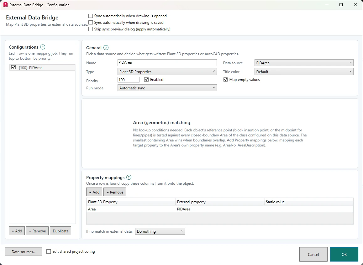 RKCadTools Data Bridge Area geometric configuration with a P&ID Area source and an Area property mapping.