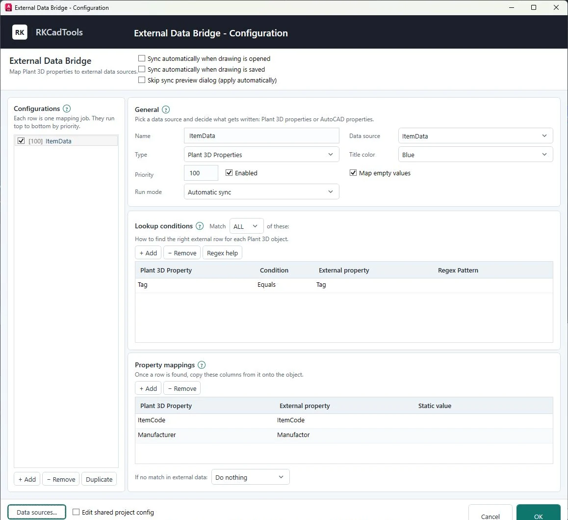 RKCadTools Data Bridge configuration matching Plant Tag to Excel Tag and mapping ItemCode and Manufacturer.