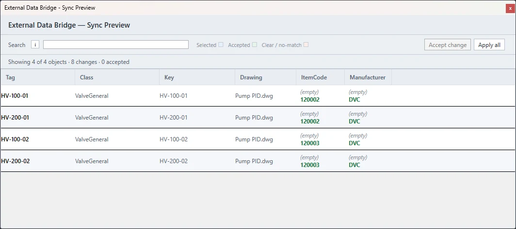 Data Bridge Sync Preview showing four P&ID valves and pending ItemCode and Manufacturer values before application.