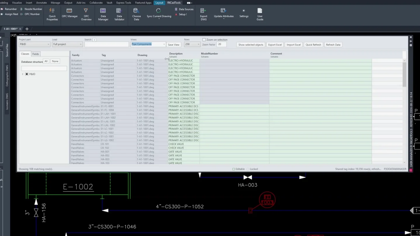 Data Manager showing searchable P&ID component properties above a Plant 3D drawing.