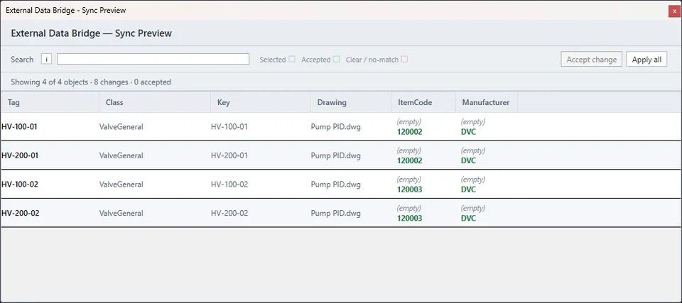 Data Bridge preview of proposed valve property changes.