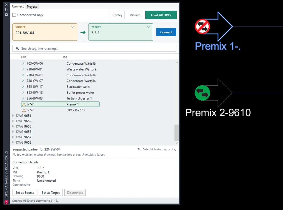 OPC Manager source, target and connector details before connecting.