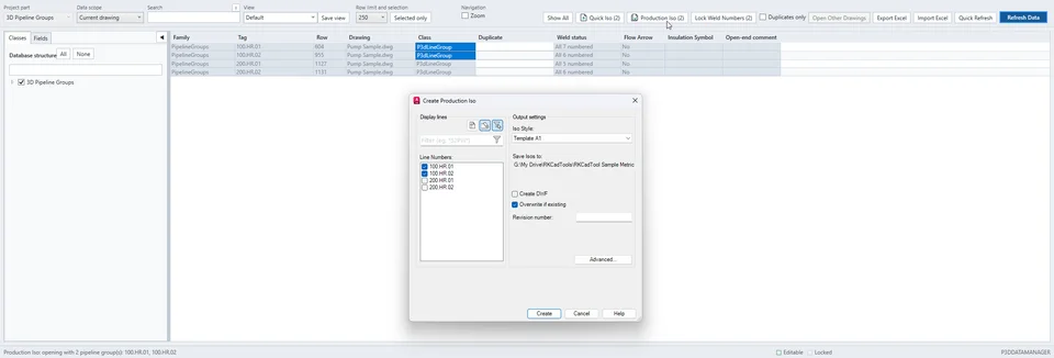 Production Iso dialog with pipeline groups preselected.