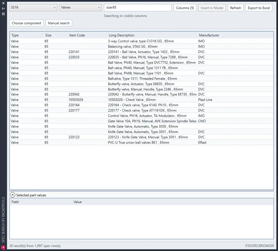 Spec Browser showing filtered valve results from the selected spec.