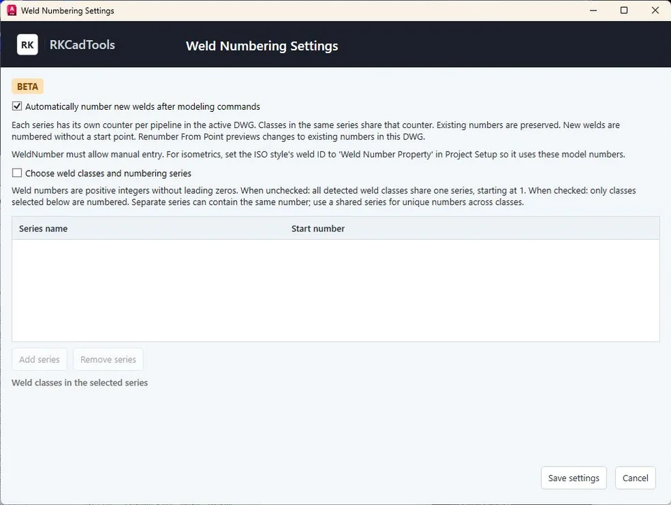 Weld Manager numbering settings with beta automatic numbering.
