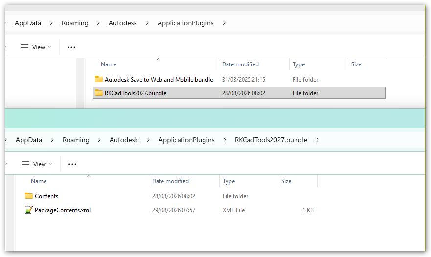 File Explorer showing RKCadTools2027.bundle in AppData, Roaming, Autodesk, ApplicationPlugins, with Contents and PackageContents.xml inside the bundle.