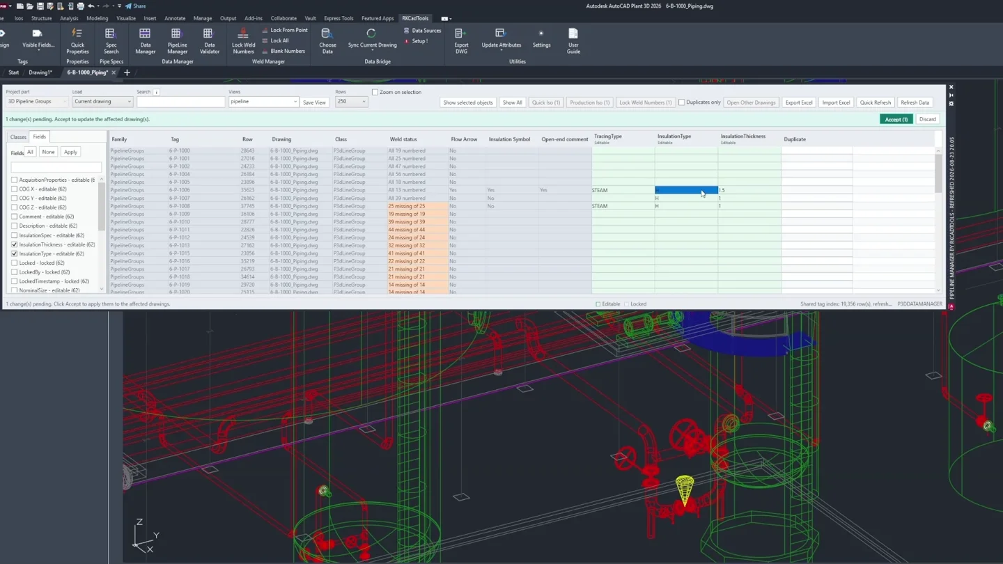 Pipeline Manager in AutoCAD Plant 3D, showing pipeline properties and weld status above the piping model.