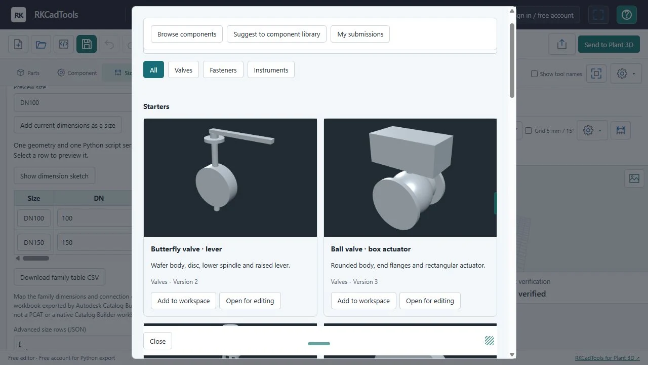 Component Studio library showing rendered generic butterfly-valve and actuated ball-valve starters.