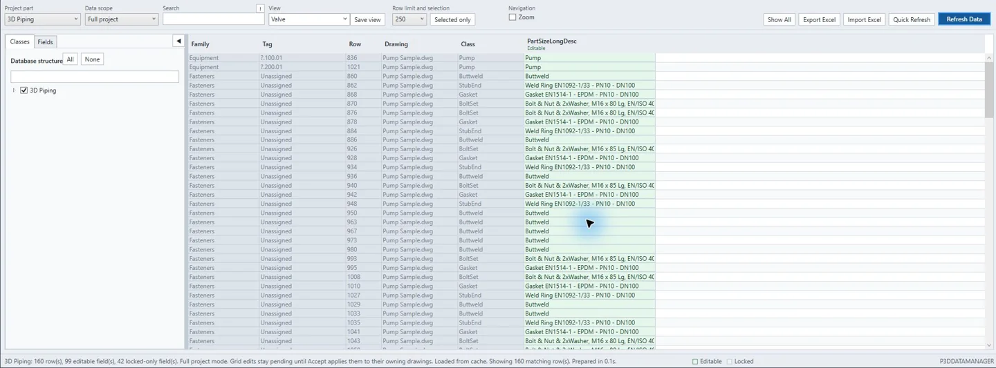 Data Manager with 3D Piping rows, a class tree and selected project properties.