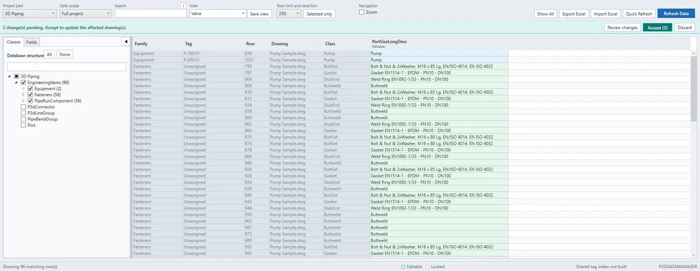 Data Manager with two pending changes and the Review changes, Accept and Discard actions.
