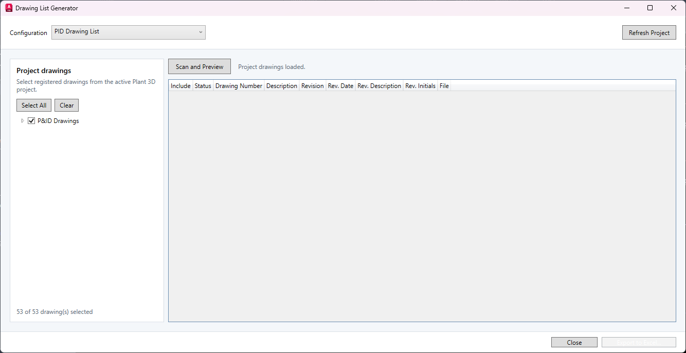 Drawing List Generator with a profile selector, project drawing tree, Scan and Preview, and Export to Excel.