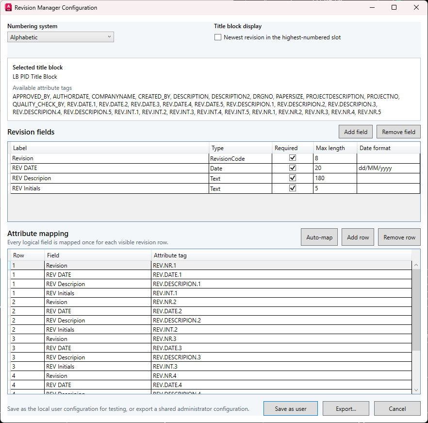 Revision Manager Configuration showing numbering, revision fields, and attribute mapping for title block rows.